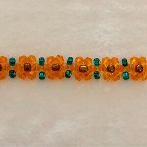 Elegant Fall Orange, Copper and Green Glass Sunflowers/Pumpkins Beaded Bracelet